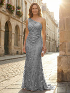 Lace Sheath/Column One Shoulder Floor-Length Mother of the Bride & Groom Dresses with Ruched Waist (SHI22500892)