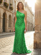 Lace Sheath/Column One Shoulder Floor-Length Mother of the Bride & Groom Dresses with Ruched Waist (SHI22500892)
