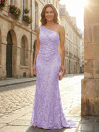Lace Sheath/Column One Shoulder Floor-Length Mother of the Bride & Groom Dresses with Ruched Waist (SHI22500892)