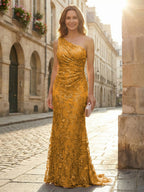 Lace Sheath/Column One Shoulder Floor-Length Mother of the Bride & Groom Dresses with Ruched Waist (SHI22500892)