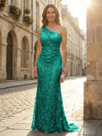 Lace Sheath/Column One Shoulder Floor-Length Mother of the Bride & Groom Dresses with Ruched Waist (SHI22500892)