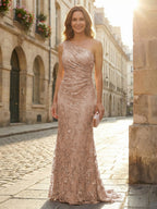 Lace Sheath/Column One Shoulder Floor-Length Mother of the Bride & Groom Dresses with Ruched Waist (SHI22500892)