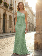 Lace Sheath/Column One Shoulder Floor-Length Mother of the Bride & Groom Dresses with Ruched Waist (SHI22500892)