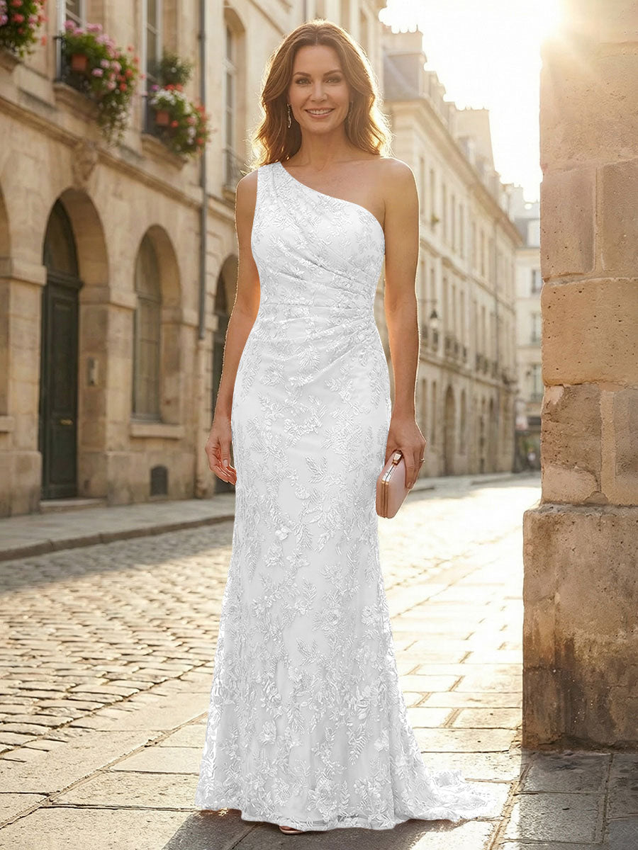 Lace Sheath/Column One Shoulder Floor-Length Mother of the Bride & Groom Dresses with Ruched Waist (SHI22500892)