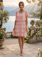 Chiffon A-Line/Princess Scoop Neck Short Mother of the Bride & Groom Dresses Tiered (SHI22500912)