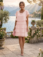 Chiffon A-Line/Princess Scoop Neck Short Mother of the Bride & Groom Dresses Tiered (SHI22500912)