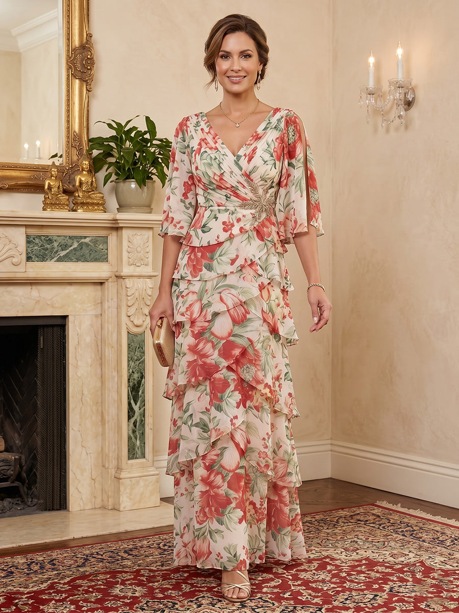 Floral Print A-Line/Princess V-Neck Floor-Length Mother of the Bride & Groom Dresses with Tiered Layers (SHI22500929)