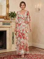 Floral Print A-Line/Princess V-Neck Floor-Length Mother of the Bride & Groom Dresses with Tiered Layers (SHI22500929)