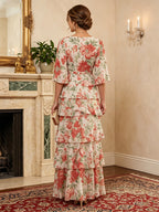 Floral Print A-Line/Princess V-Neck Floor-Length Mother of the Bride & Groom Dresses with Tiered Layers (SHI22500929)