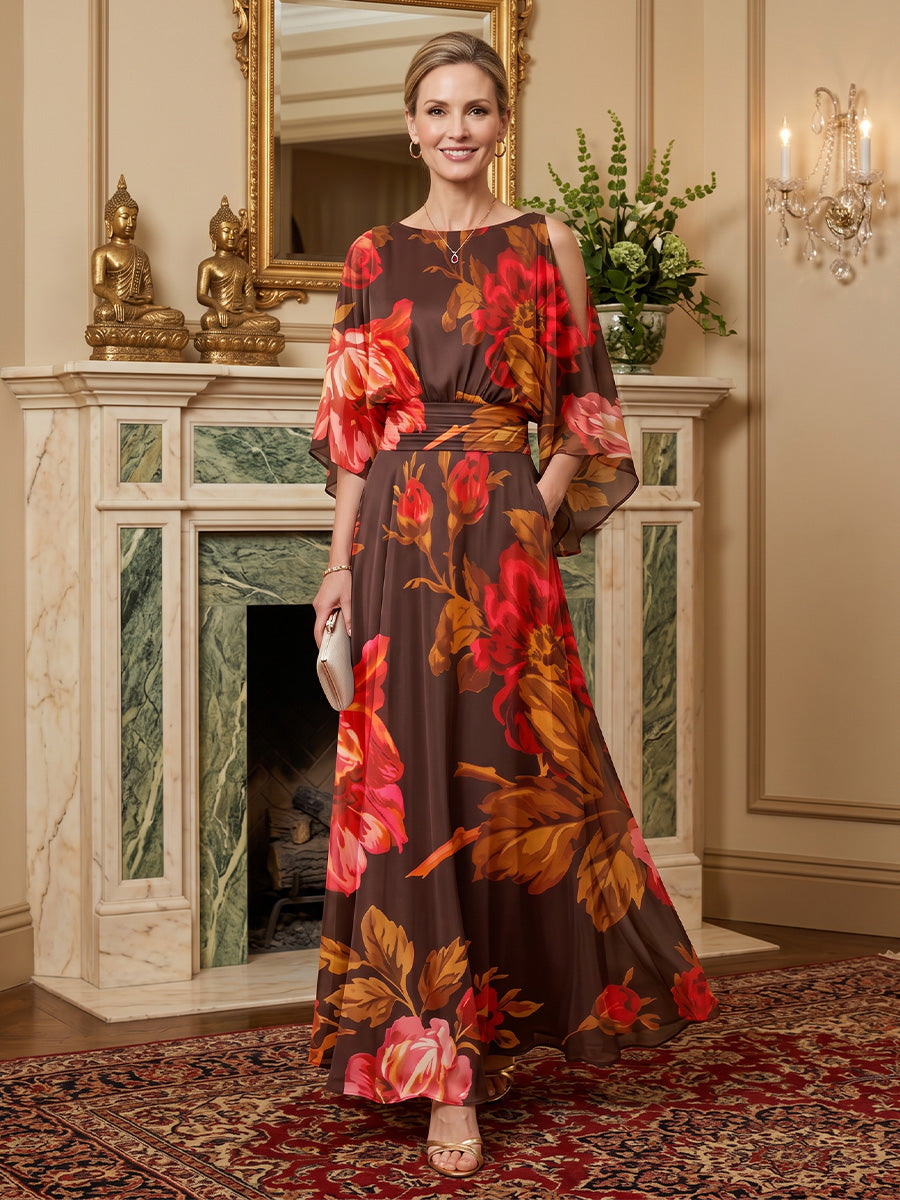 Floral Print A-Line/Princess Scoop Neck Floor-Length Mother of the Bride & Groom Dresses with Ruffles & Ruched Waist (SHI22501132)