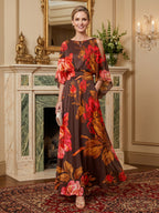 Floral Print A-Line/Princess Scoop Neck Floor-Length Mother of the Bride & Groom Dresses with Ruched Waist & Pockets (SHI22501125)