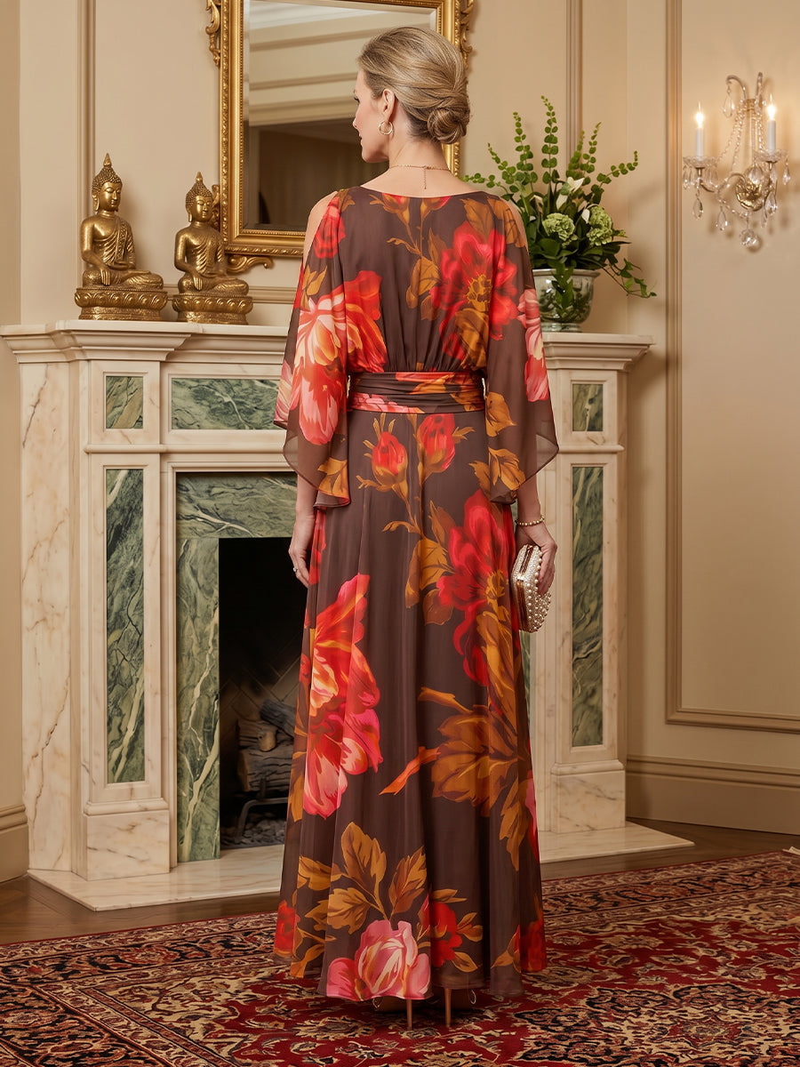 Floral Print A-Line/Princess Scoop Neck Floor-Length Mother of the Bride & Groom Dresses with Ruched Waist (SHI22500936)