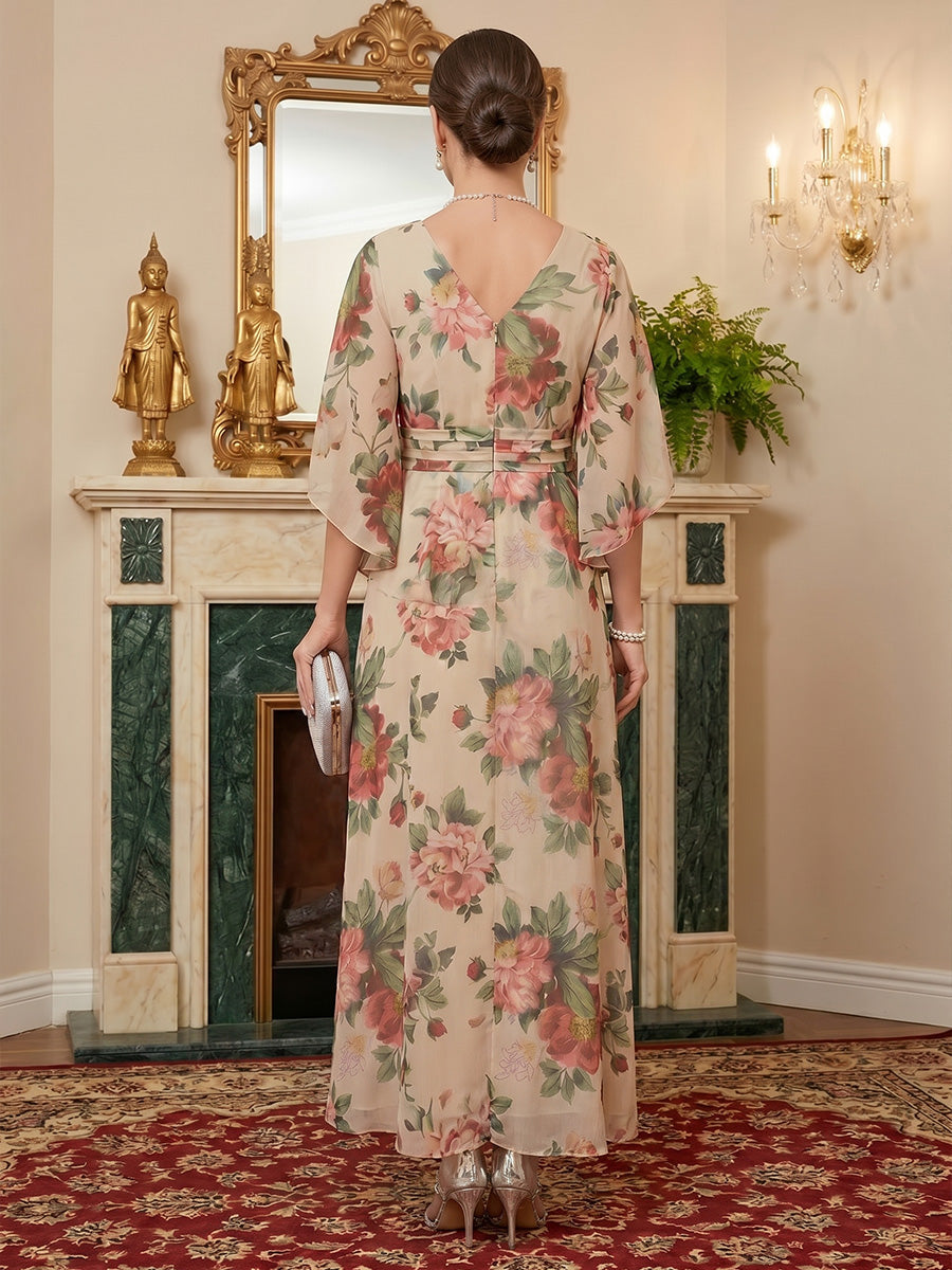 Floral Print A-Line/Princess V-Neck Floor-Length Mother of the Bride & Groom Dresses with Tiered Layers (SHI22500929)