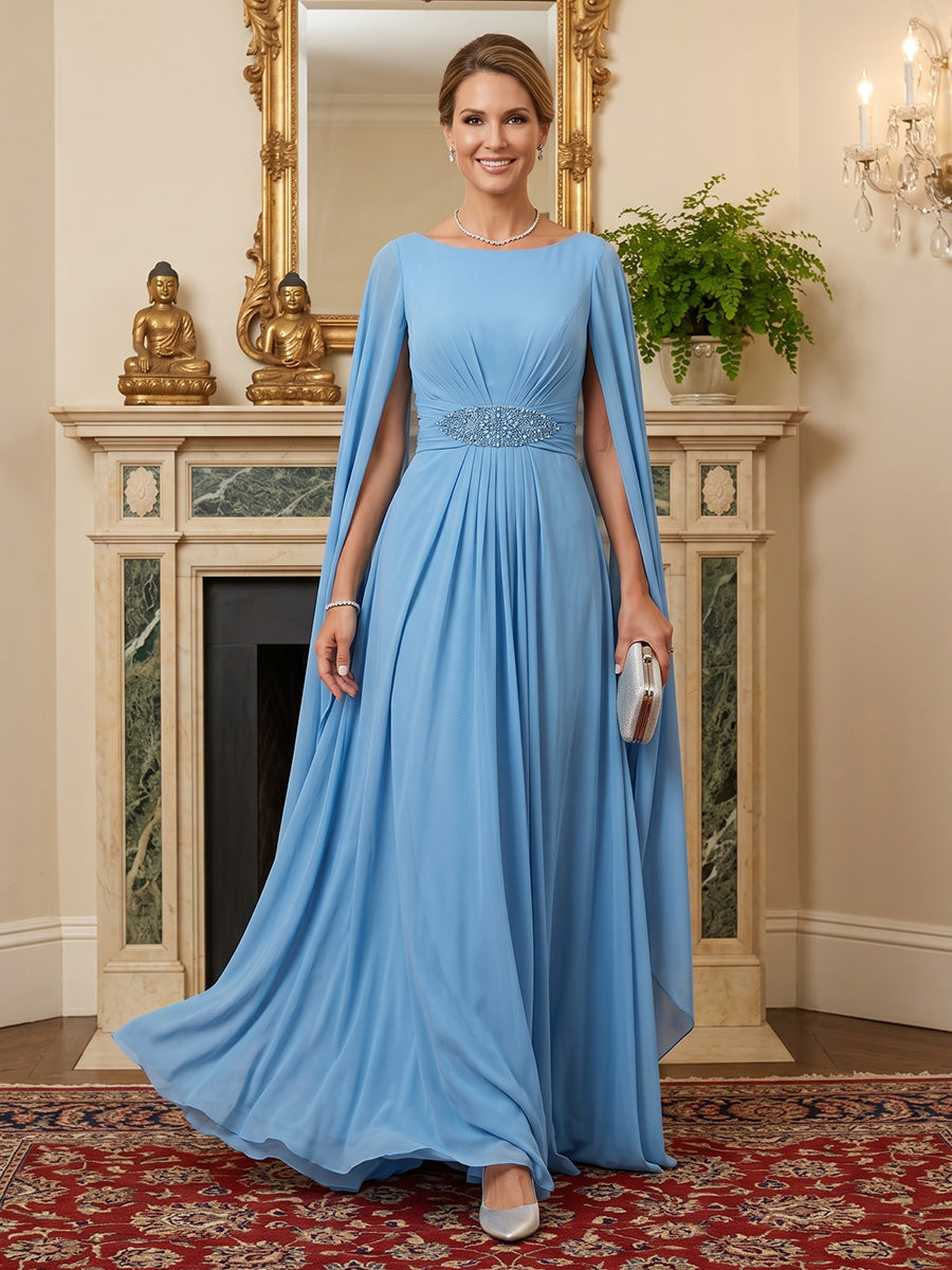 A-Line Chiffon Long Mother of the Bride & Groom Dresses with Cape Sleeves (SHI22500721)
