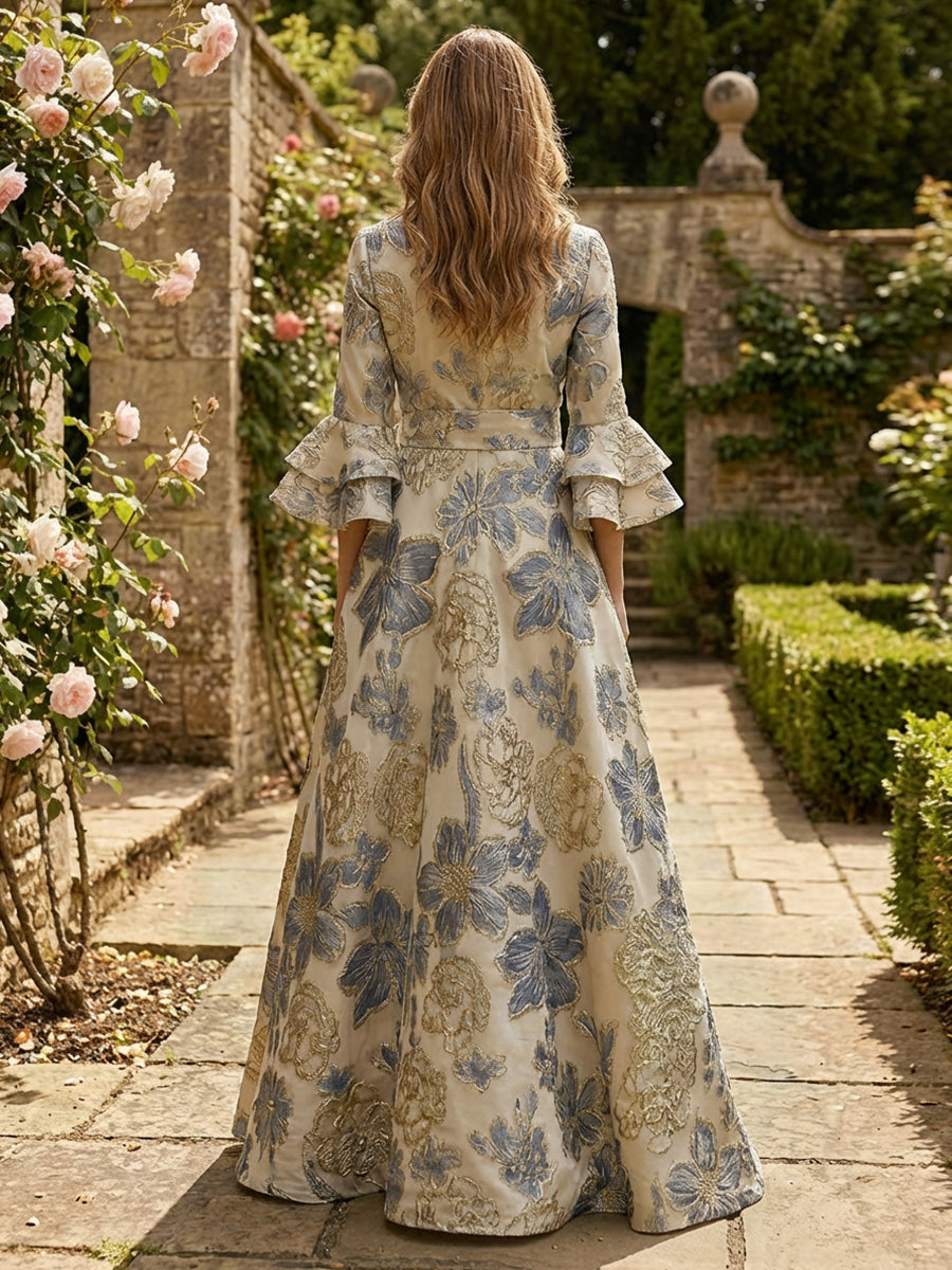Jacquard A-Line/Princess V-Neck Floor-Length Mother of the Bride & Groom Dresses with Belt (SHI22500943)