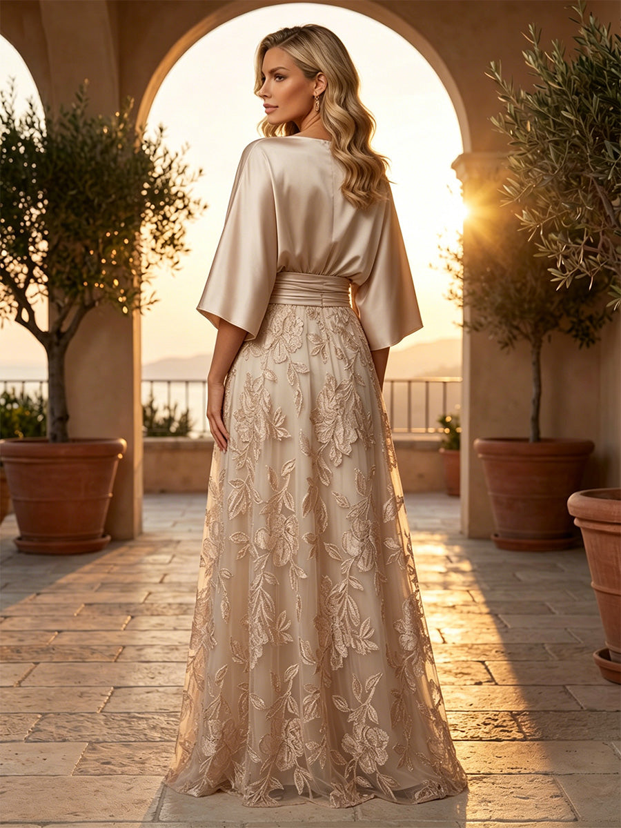 Satin A Line Round Neck Ruched Pleats Mother of the Bride & Groom Dresses (SHI22500952)