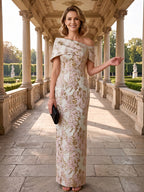 Jacquard Sheath Off the Shoulder Ruched Corset Mother of the Bride & Groom Dresses (SHI22500958)