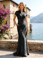 Sequin Floral Sheath/Column V-Neck Floor-Length Mother of the Bride & Groom Dresses with Ruched Waist (SHI22500972)