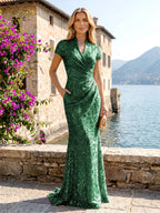 Sequin Floral Sheath/Column V-Neck Floor-Length Mother of the Bride & Groom Dresses with Ruched Waist (SHI22500972)