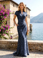 Sequin Floral Sheath/Column V-Neck Floor-Length Mother of the Bride & Groom Dresses with Ruched Waist (SHI22500972)