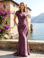 Sequin Floral Sheath/Column V-Neck Floor-Length Mother of the Bride & Groom Dresses with Ruched Waist (SHI22500972)