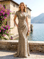 Sequin Floral Sheath/Column V-Neck Floor-Length Mother of the Bride & Groom Dresses with Ruched Waist (SHI22500972)