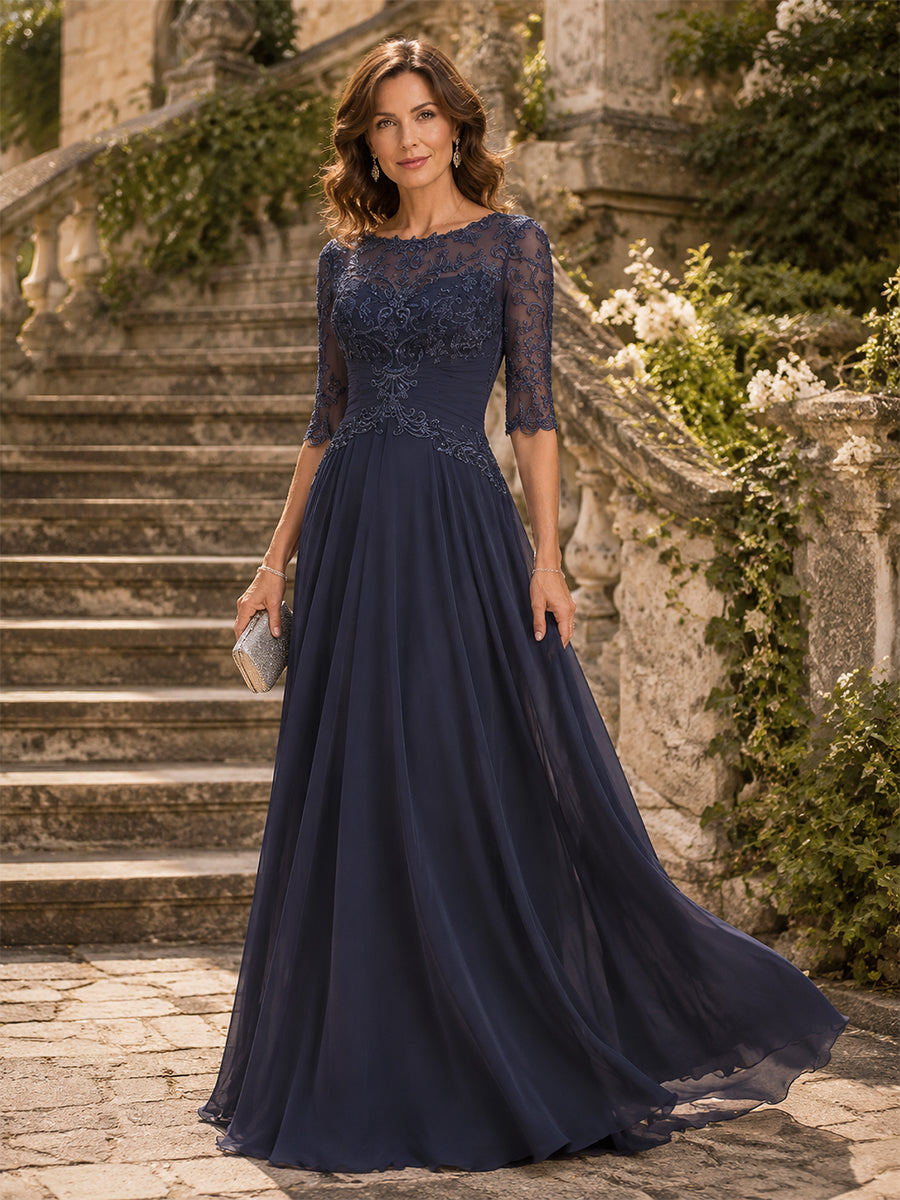 Chiffon Sheath/Column V-Neck Floor-Length Mother of the Bride & Groom Dresses with Lace Embroidery Bodice & Ruched Waist (SHI22501510)