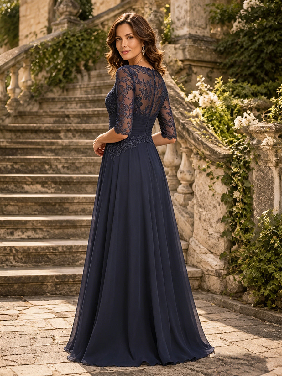 Chiffon Sheath/Column V-Neck Floor-Length Mother of the Bride & Groom Dresses with Lace Embroidery Bodice & Ruched Waist (SHI22501510)