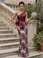 Jacquard Sheath/Column One Shoulder Floor-Length Mother of the Bride & Groom Dresses with Ruched Satin Bodice & Bow (SHI22501007)
