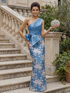 Jacquard Sheath/Column One Shoulder Floor-Length Mother of the Bride & Groom Dresses with Ruched Satin Bodice & Bow (SHI22501007)