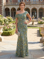 Lace Sheath/Column One Shoulder Floor-Length Mother of the Bride & Groom Dresses with Ruched Waist (SHI22500892)