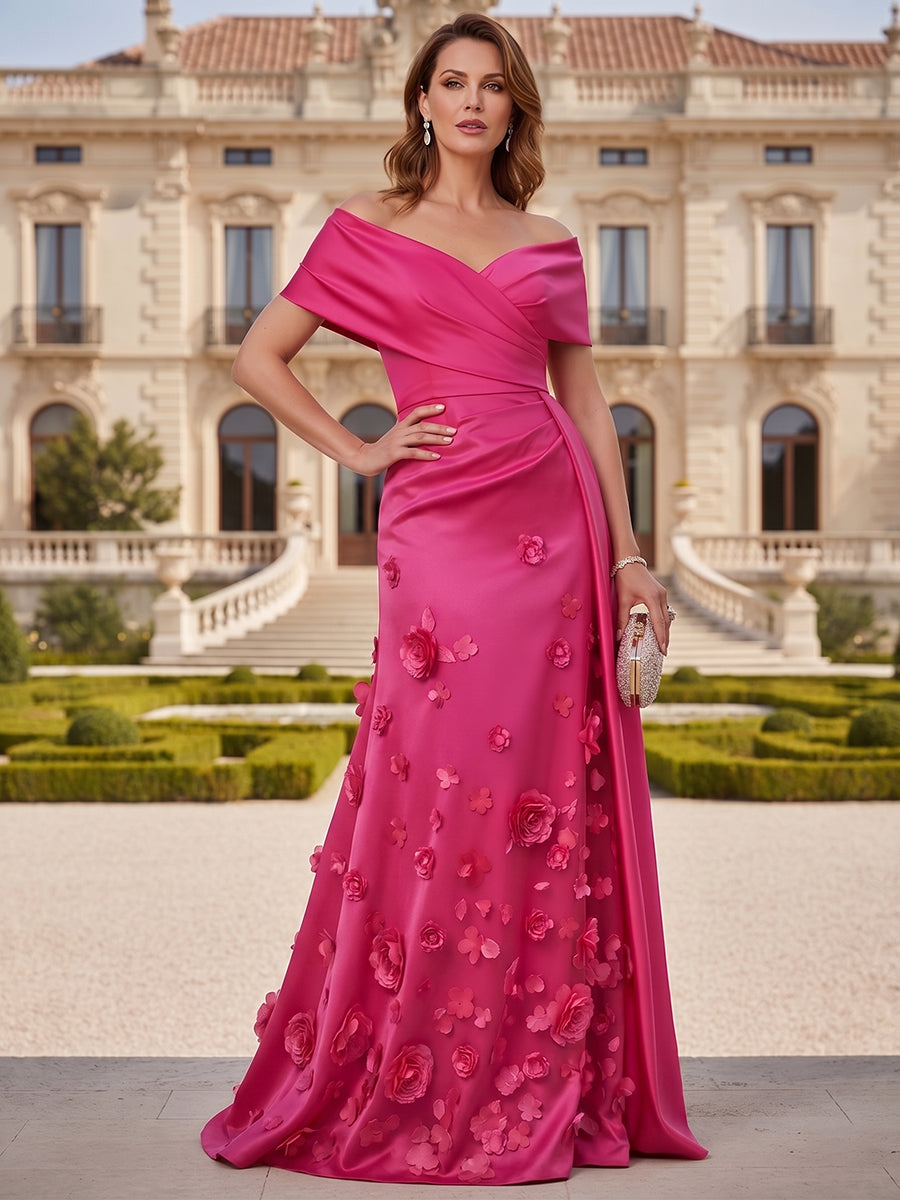 Tulle A-Line/Princess Off Shoulder Floor-Length Mother of the Bride & Groom Dresses with 3D Flowers (SHI22501019)