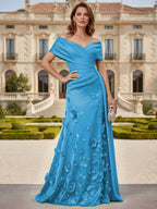 Tulle A-Line/Princess Off Shoulder Floor-Length Mother of the Bride & Groom Dresses with 3D Flowers (SHI22501019)