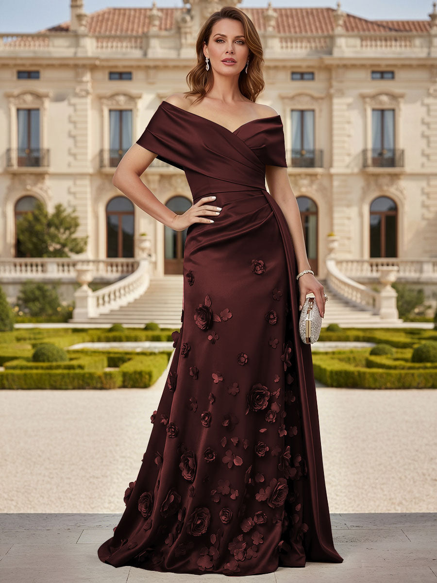 Tulle A-Line/Princess Off Shoulder Floor-Length Mother of the Bride & Groom Dresses with 3D Flowers (SHI22501019)