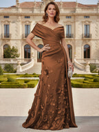 Tulle A-Line/Princess Off Shoulder Floor-Length Mother of the Bride & Groom Dresses with 3D Flowers (SHI22501019)