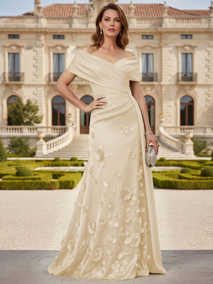 Tulle A-Line/Princess Off Shoulder Floor-Length Mother of the Bride & Groom Dresses with 3D Flowers (SHI22501019)