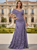 Tulle A-Line/Princess Off Shoulder Floor-Length Mother of the Bride & Groom Dresses with 3D Flowers (SHI22501019)