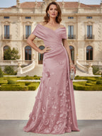 Tulle A-Line/Princess Off Shoulder Floor-Length Mother of the Bride & Groom Dresses with 3D Flowers (SHI22501019)