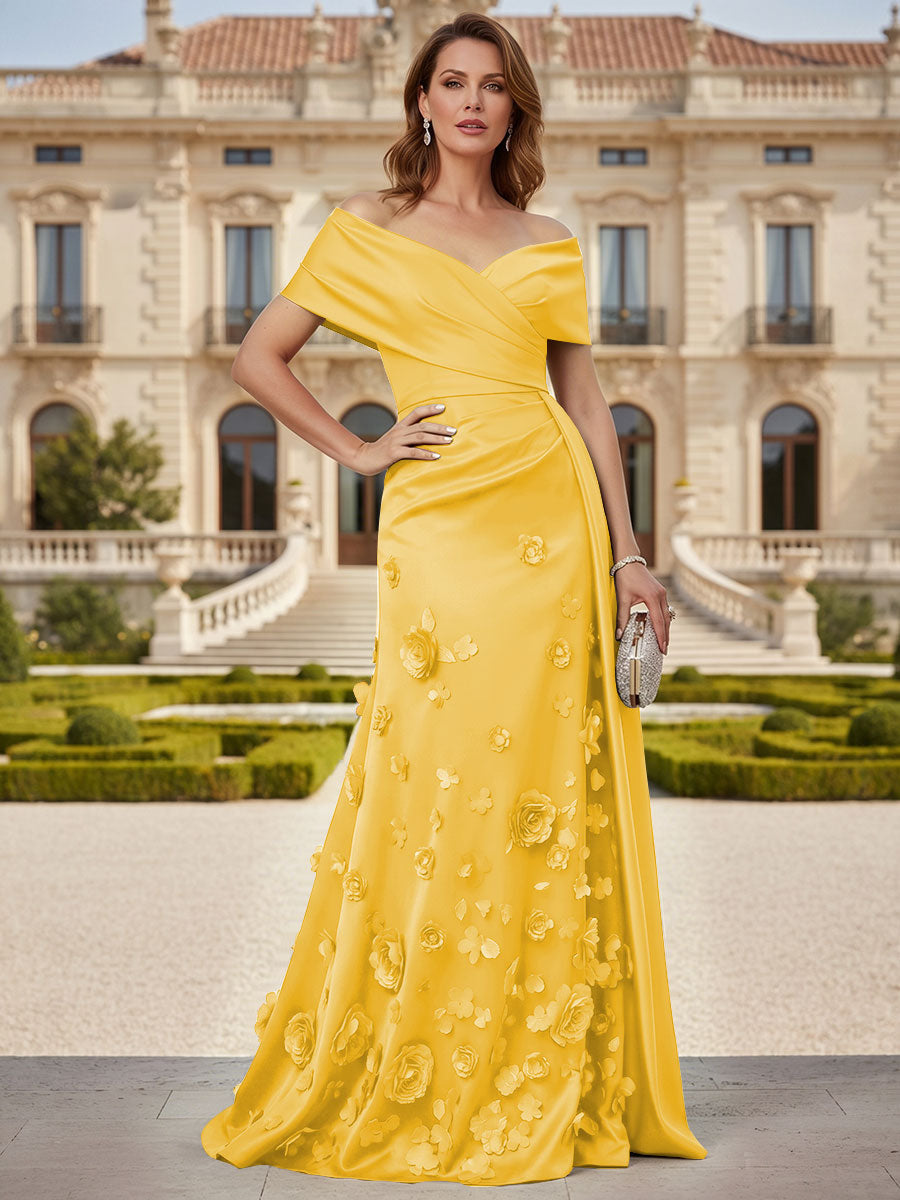 Tulle A-Line/Princess Off Shoulder Floor-Length Mother of the Bride & Groom Dresses with 3D Flowers (SHI22501019)