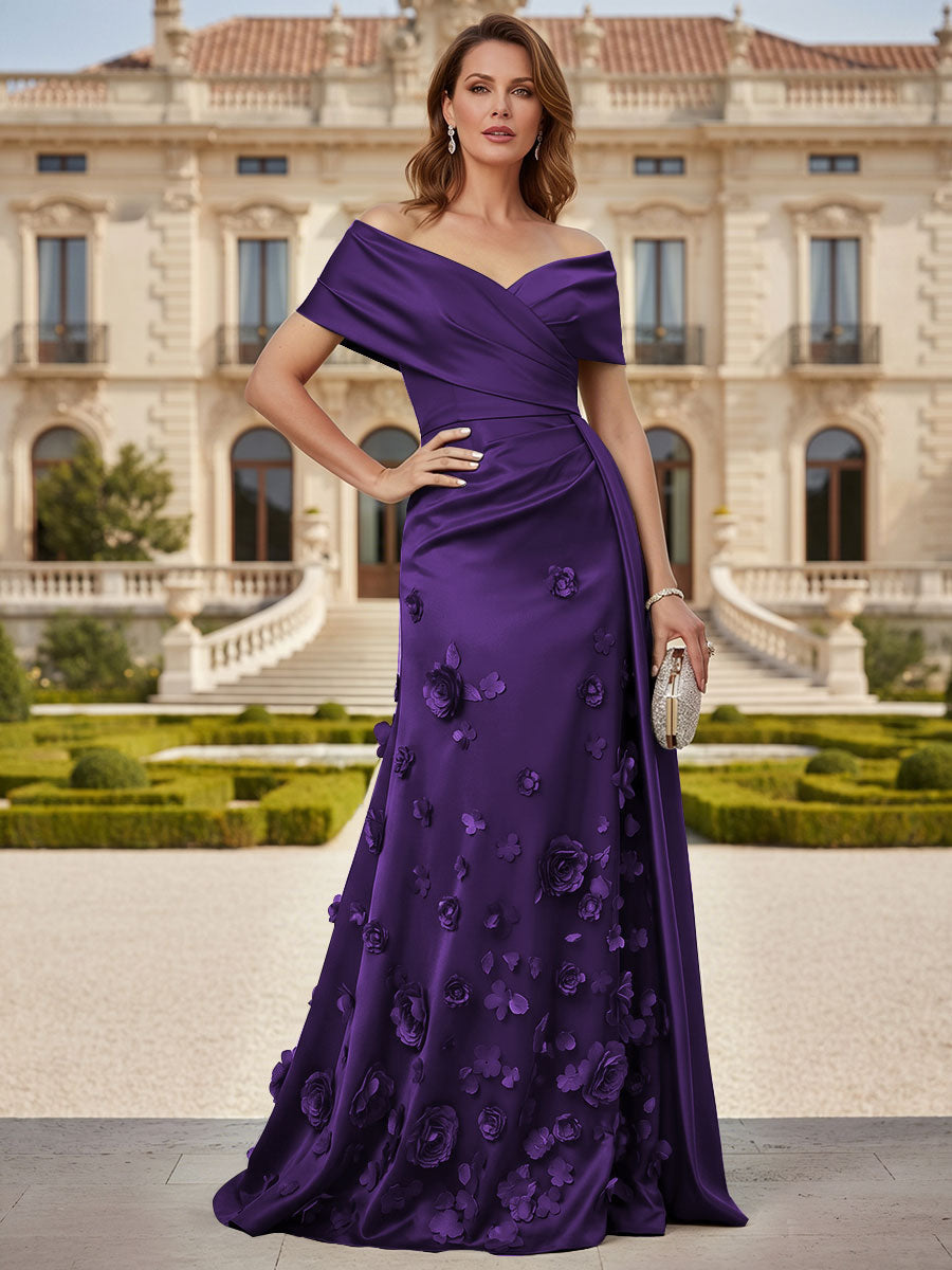 Tulle A-Line/Princess Off Shoulder Floor-Length Mother of the Bride & Groom Dresses with 3D Flowers (SHI22501019)