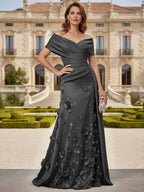 Tulle A-Line/Princess Off Shoulder Floor-Length Mother of the Bride & Groom Dresses with 3D Flowers (SHI22501019)