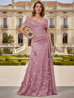 Tulle A-Line/Princess Off Shoulder Floor-Length Mother of the Bride & Groom Dresses with 3D Flowers (SHI22501019)