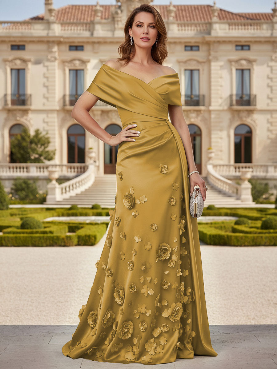 Tulle A-Line/Princess Off Shoulder Floor-Length Mother of the Bride & Groom Dresses with 3D Flowers (SHI22501019)