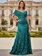 Tulle A-Line/Princess Off Shoulder Floor-Length Mother of the Bride & Groom Dresses with 3D Flowers (SHI22501019)