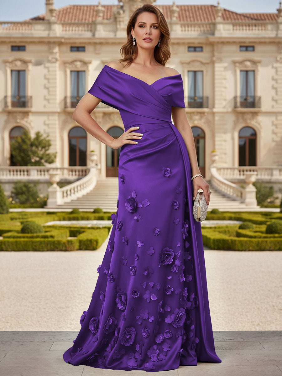 Tulle A-Line/Princess Off Shoulder Floor-Length Mother of the Bride & Groom Dresses with 3D Flowers (SHI22501019)