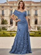 Tulle A-Line/Princess Off Shoulder Floor-Length Mother of the Bride & Groom Dresses with 3D Flowers (SHI22501019)