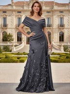 Tulle A-Line/Princess Off Shoulder Floor-Length Mother of the Bride & Groom Dresses with 3D Flowers (SHI22501019)