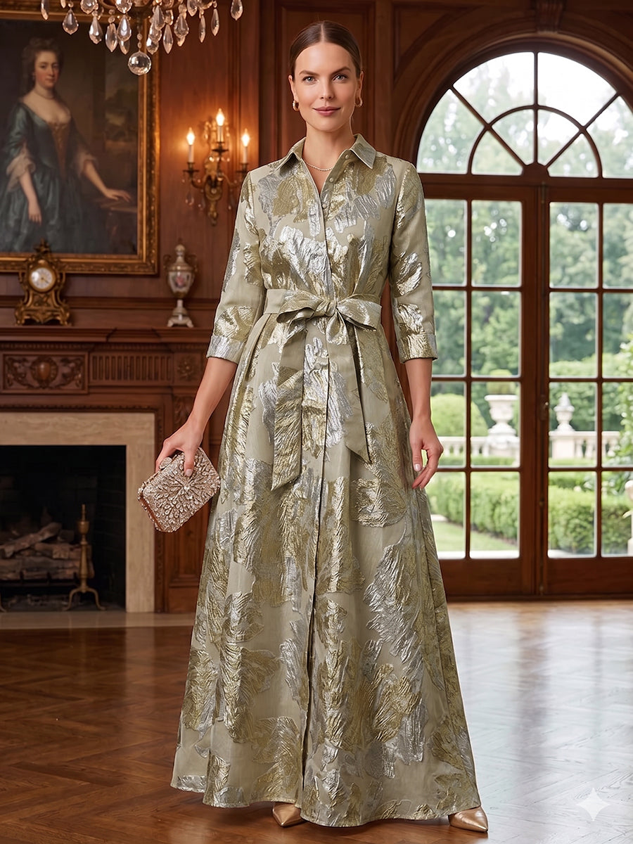 Jacquard A-Line/Princess V-Neck Floor-Length Mother of the Bride & Groom Dresses with Belt (SHI22500943)