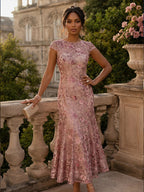 A-Line/Princess Scoop Illusion Lace Appliques Tea-Length Mother of the Bride Dresses with Pleated Ruffle (SHI22500105)