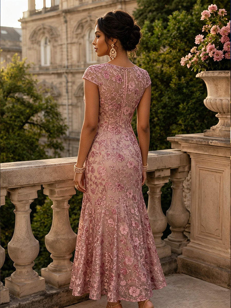 A-Line/Princess Scoop Illusion Lace Appliques Tea-Length Mother of the Bride Dresses with Pleated Ruffle (SHI22500105)